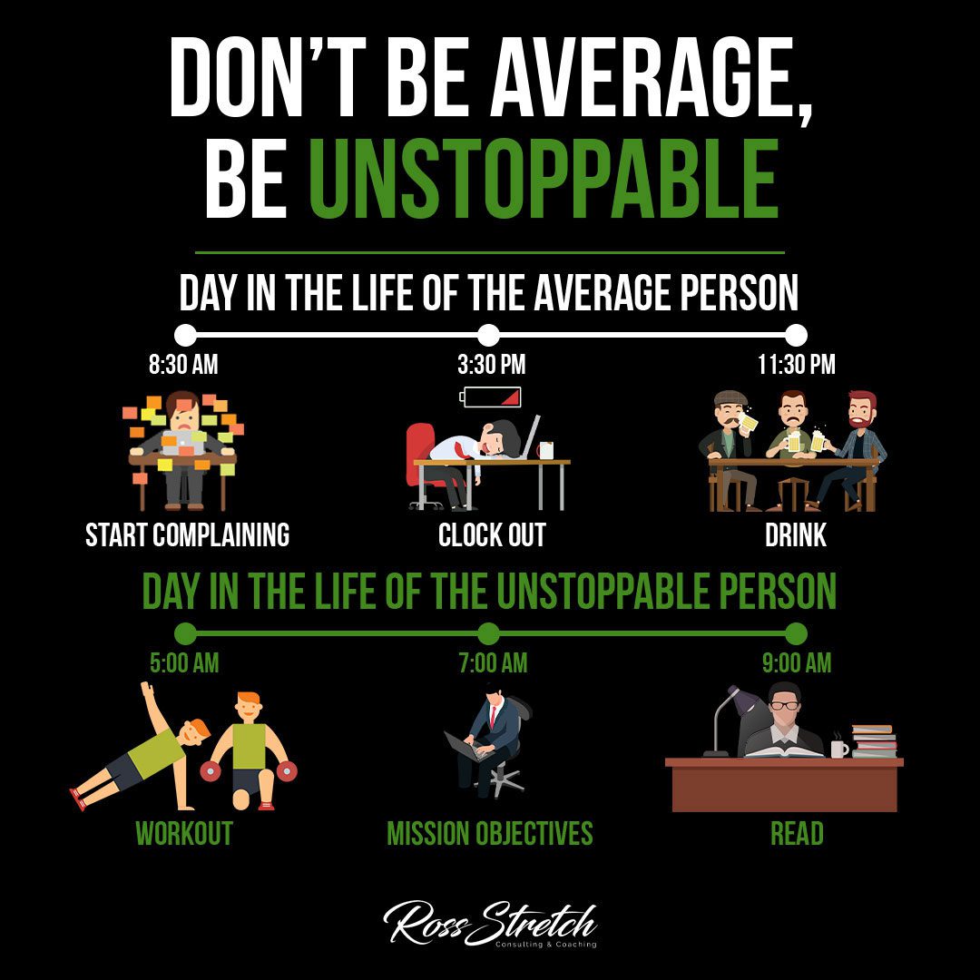 Infographic encouraging individuals to be unstoppable rather than settling for mediocrity.