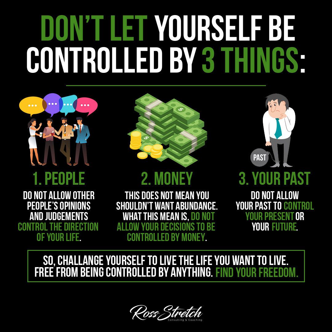 Infographic emphasizing the importance of avoiding control from three limiting factors in life.