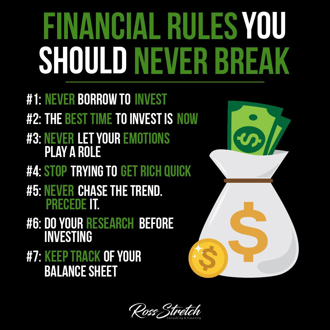 Infographic outlining essential financial rules that individuals should adhere to and never break, covering areas such as budgeting, saving, investing, and debt management, to ensure financial stability and success.