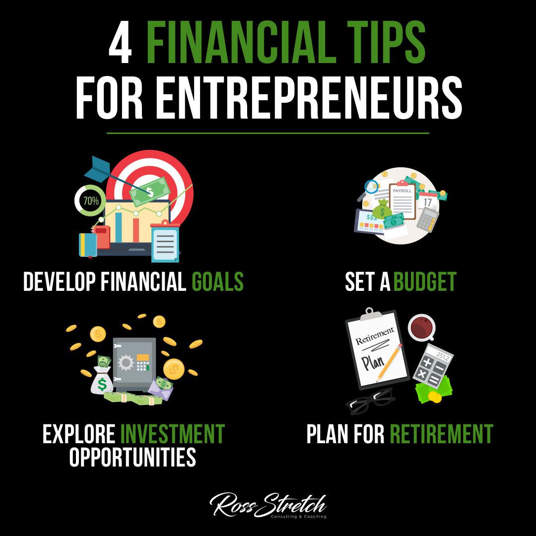 Infographic presenting four essential financial tips specifically curated for entrepreneurs, offering practical advice and strategies to navigate the financial aspects of running a successful business.