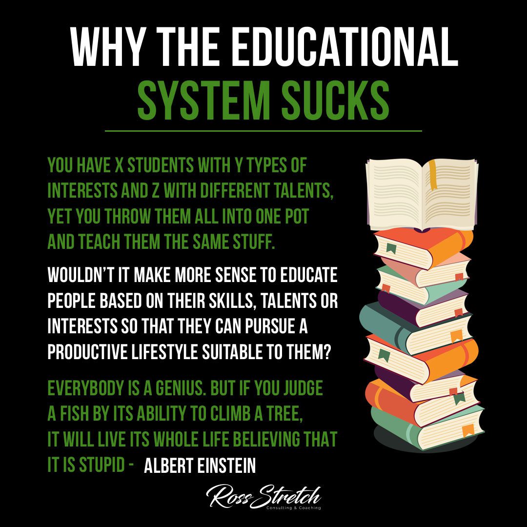 Infographic examining the shortcomings and drawbacks of the current educational system.