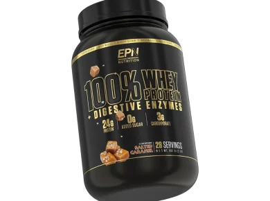 A visually appealing jar of whey protein powder from EPN Supplements, featuring an enticing flavor called "Salted Caramel." The label prominently displays the phrase "The Perfect Post-Workout Fuel," emphasizing its effectiveness for post-exercise recovery. The jar is visually appealing and showcases the product as a high-quality nutritional supplement.
