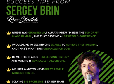 Infographic presenting insightful success tips from Sergey Brin, co-founder of Google and technology innovator.